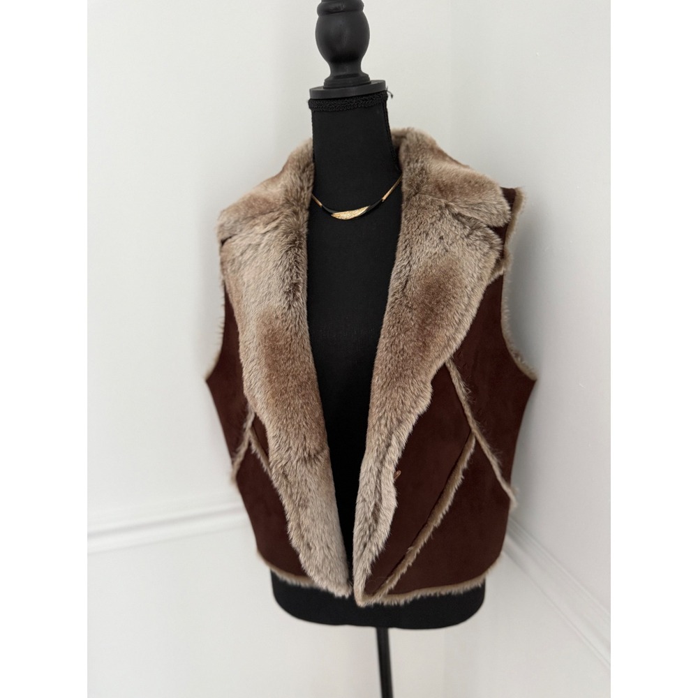 Cottagecore Y2K Shearling Style Waistcoat brown boho babe Suede Faux Vest‎ sz L